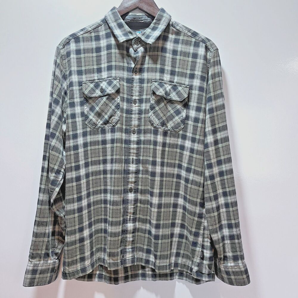 Kuhl Flannel Born in the Mountains Mens Shirt Med Black Gray Beige Plaid